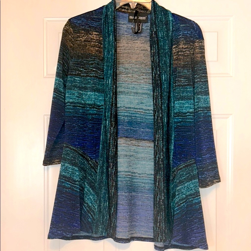 Frank Lyman Open Cardigan 8 Blue/Black Career Lightweight Lagenlook Old Money
